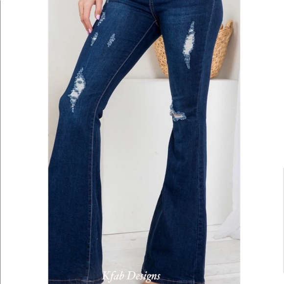 New! Clearance 🍇 Boho Gypsy High Waist Dark Denim Distressed Flare Jeans - Picture 7 of 7